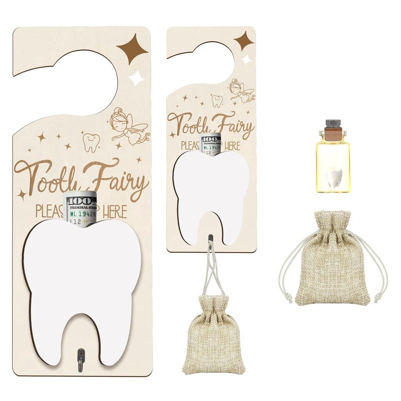 AINBIN Store Tooth Fairy Door Hanger, Tooth Fairy Tooth Holder Kit with Money Slot Keepsake Bottle Burlap Pouch & Upgrade Night Light, Wooden Encourage Gift for Kids Children Boys Girls Lost Teeth (Brown) - Image 1